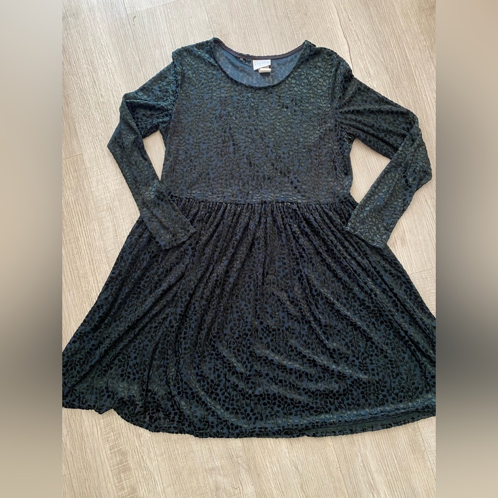 Vintage 90s Y2K Dark Green Sheer Burnout Velvet Long Sleeve Babydoll Dress Sz 12